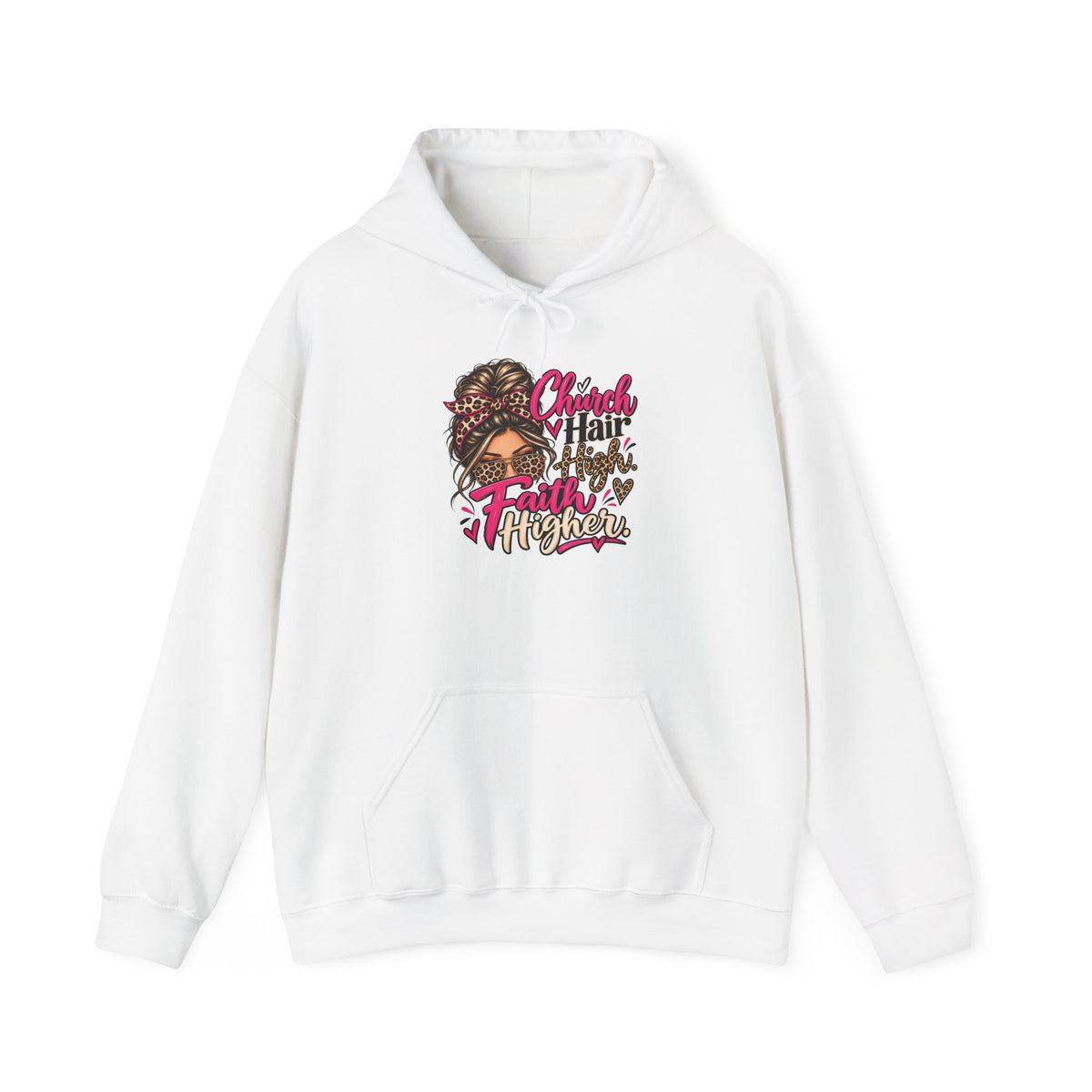 Faith Moves Mountains Hoodie — Messy Bun Girl Leopard Script Faith Apparel