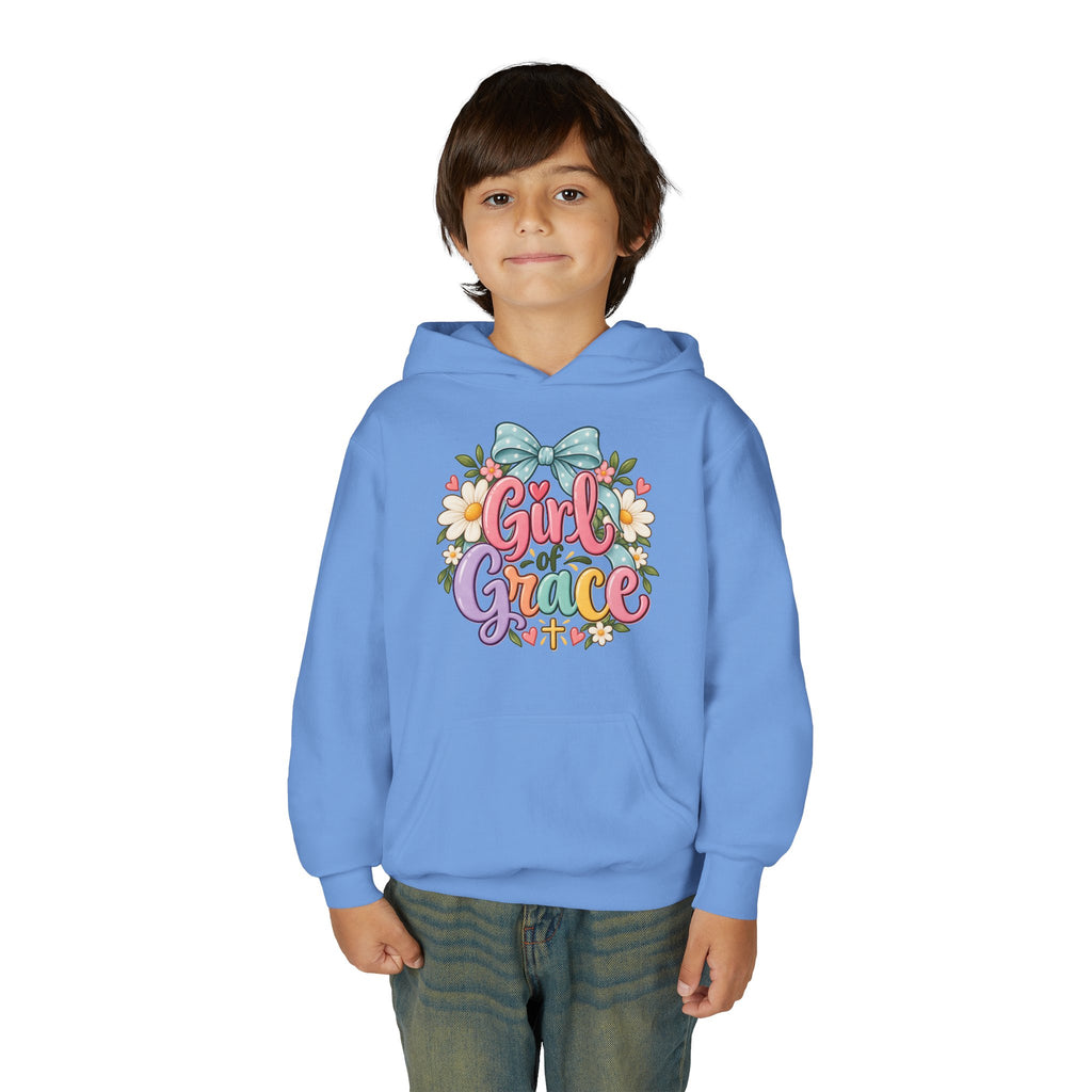 Girl of Grace Youth Hoodie — Floral Bow Christian Sweatshirt for Kids