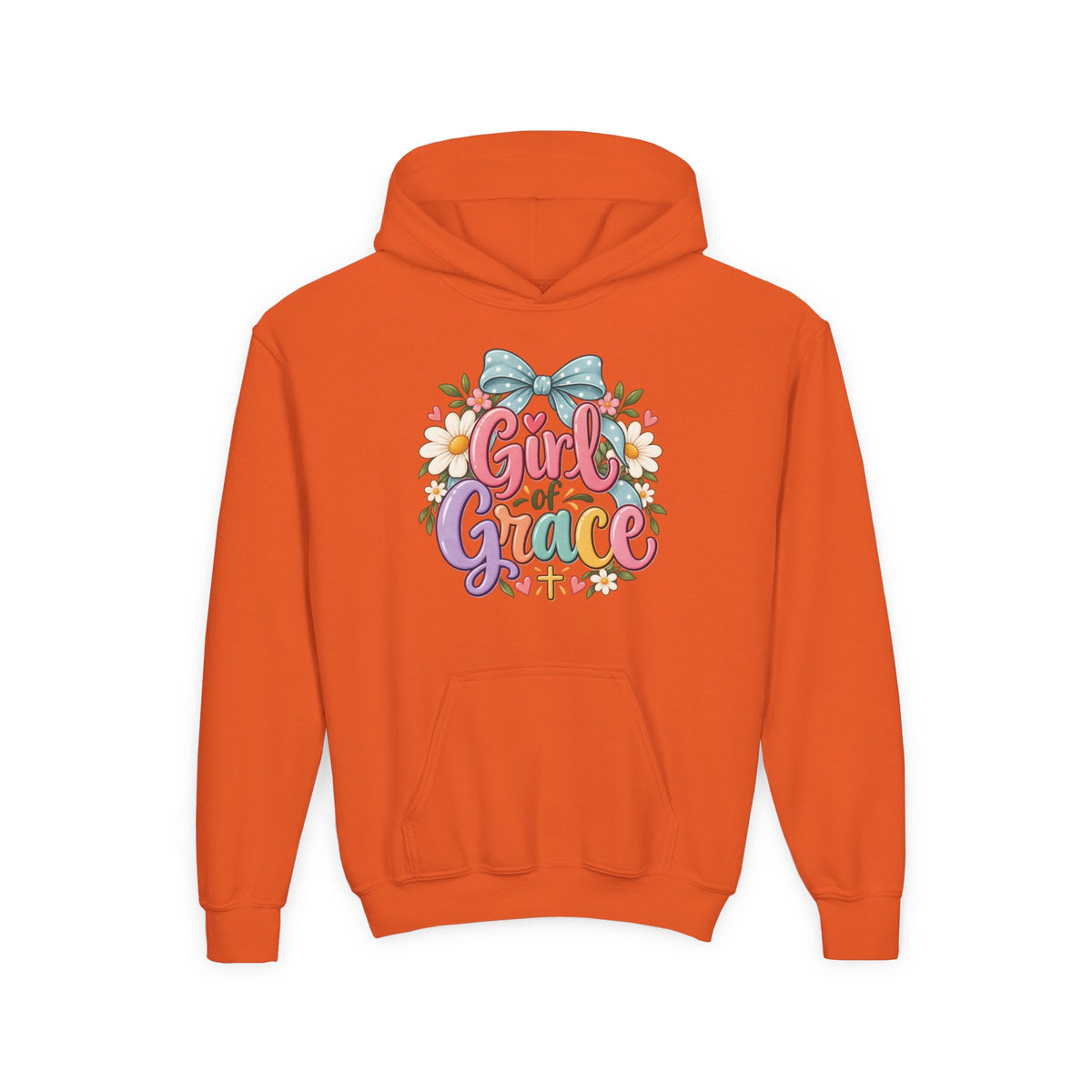 Girl of Grace Youth Hoodie — Floral Bow Christian Sweatshirt for Kids