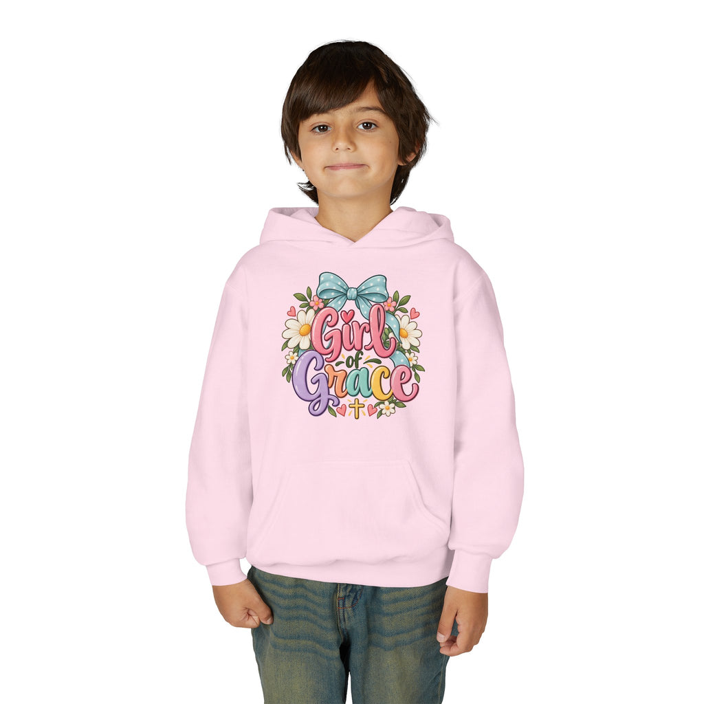 Girl of Grace Youth Hoodie — Floral Bow Christian Sweatshirt for Kids
