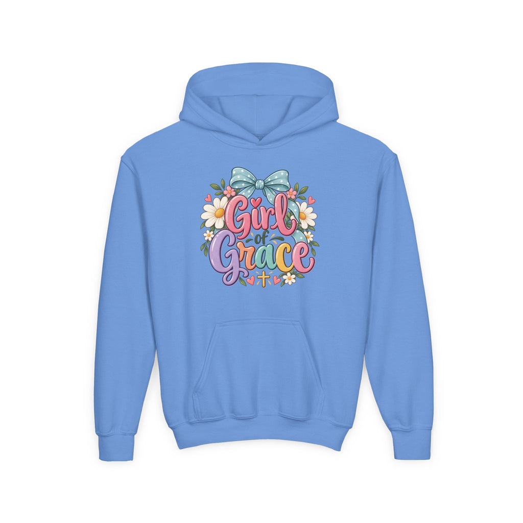 Girl of Grace Youth Hoodie — Floral Bow Christian Sweatshirt for Kids