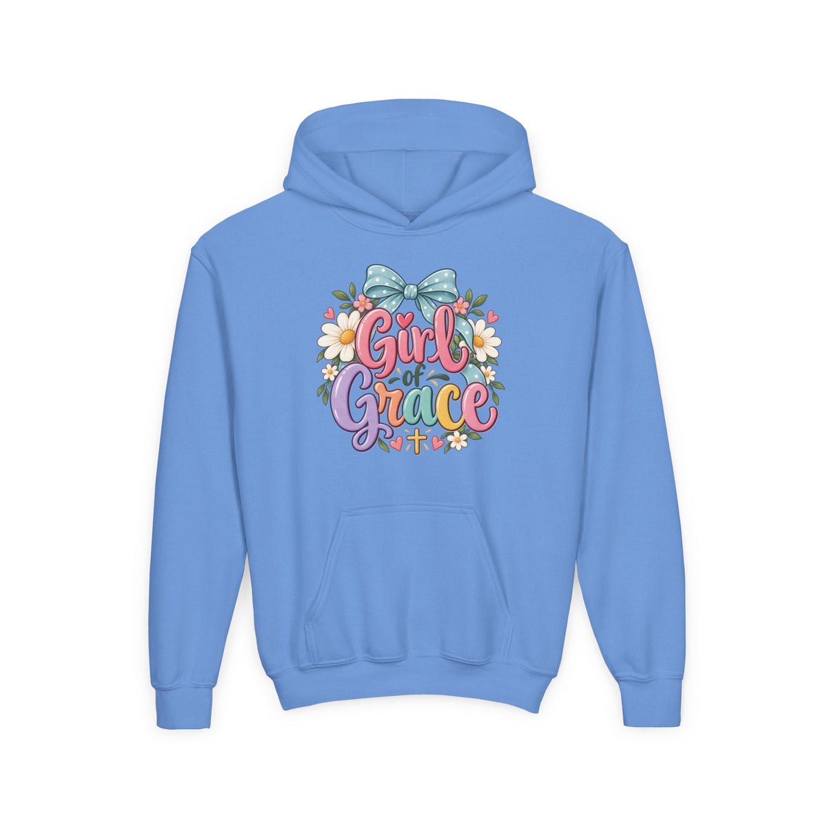 Girl of Grace Youth Hoodie — Floral Bow Christian Sweatshirt for Kids