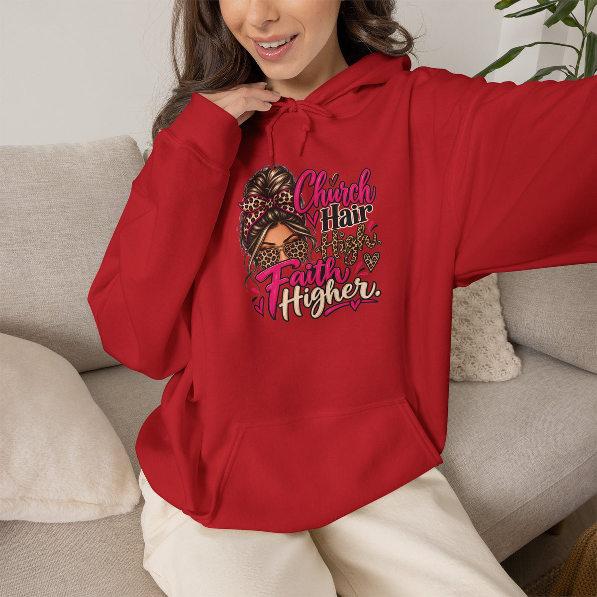 Faith Moves Mountains Hoodie — Messy Bun Girl Leopard Script Faith Apparel