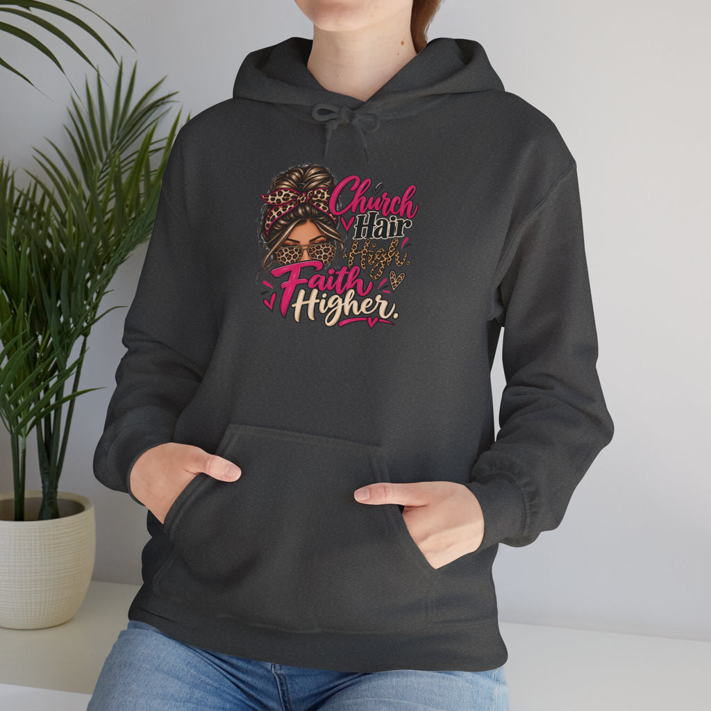 Faith Moves Mountains Hoodie — Messy Bun Girl Leopard Script Faith Apparel