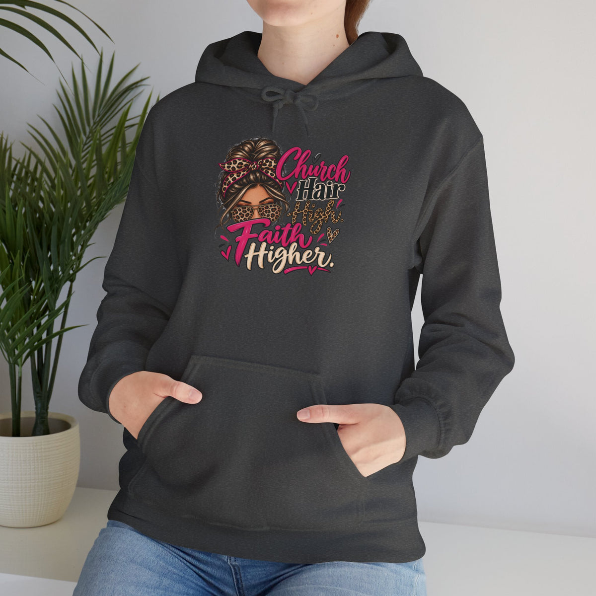 Faith Moves Mountains Hoodie — Messy Bun Girl Leopard Script Faith Apparel