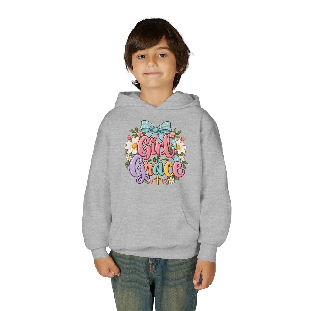 Girl of Grace Youth Hoodie — Floral Bow Christian Sweatshirt for Kids