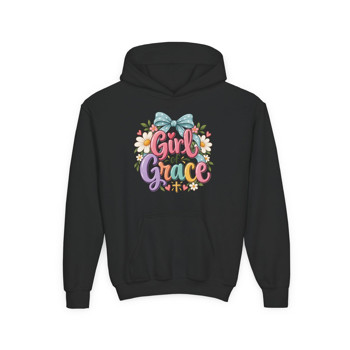 Girl of Grace Youth Hoodie — Floral Bow Christian Sweatshirt for Kids