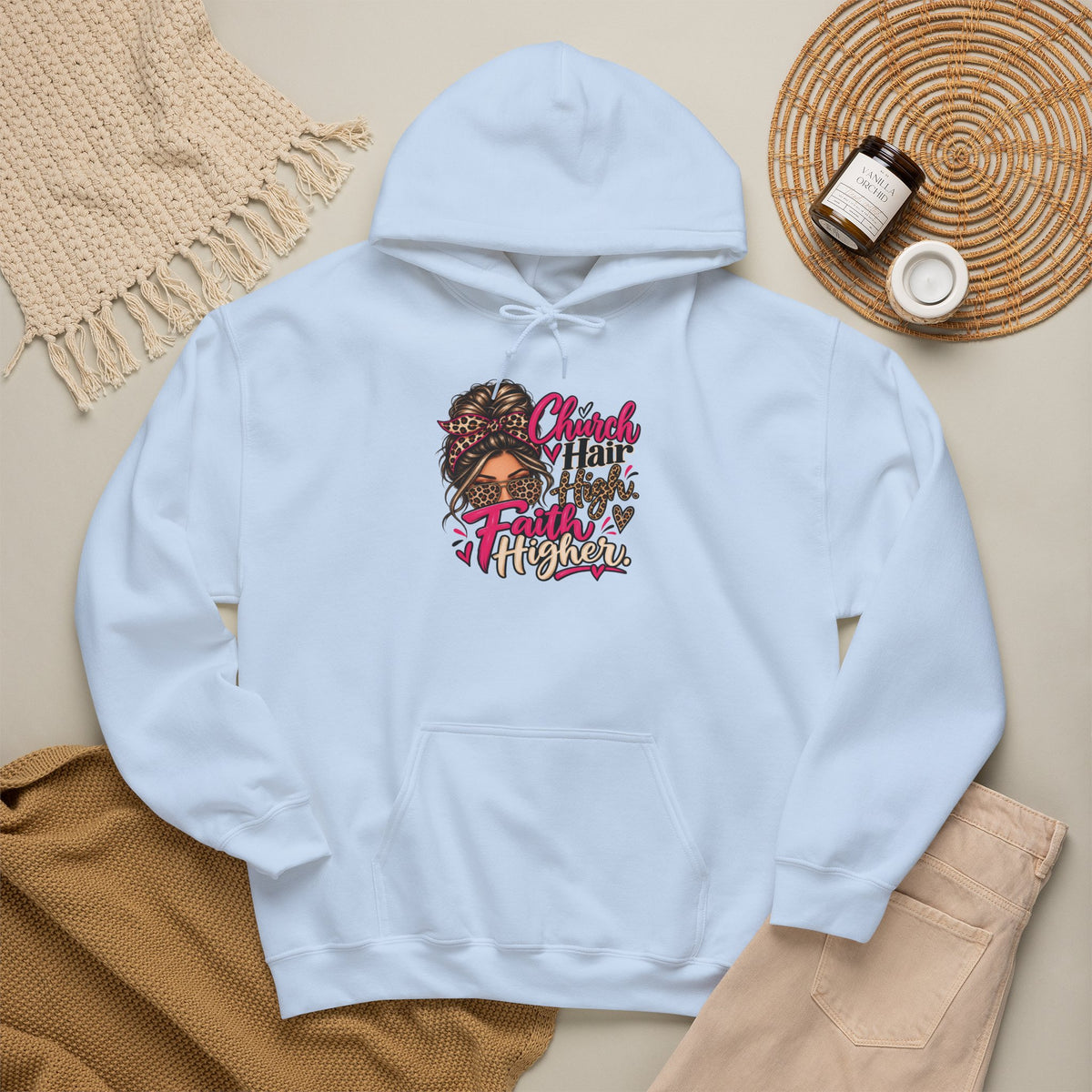 Faith Moves Mountains Hoodie — Messy Bun Girl Leopard Script Faith Apparel
