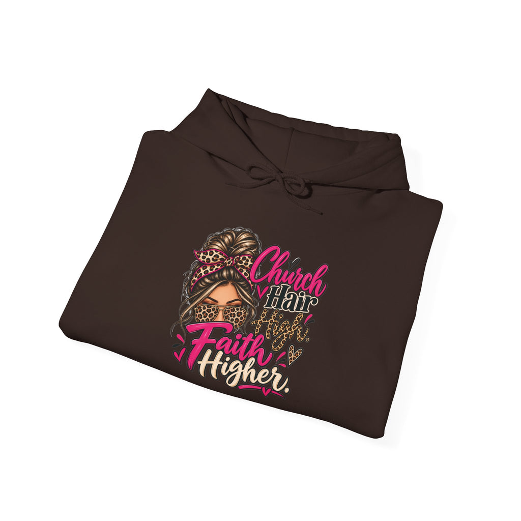Faith Moves Mountains Hoodie — Messy Bun Girl Leopard Script Faith Apparel