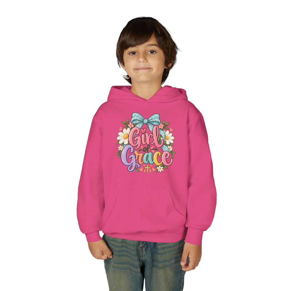 Girl of Grace Youth Hoodie — Floral Bow Christian Sweatshirt for Kids