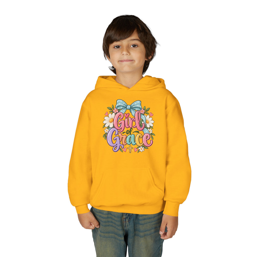 Girl of Grace Youth Hoodie — Floral Bow Christian Sweatshirt for Kids